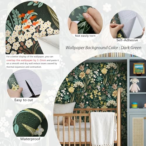 Floral Peel and Stick Wallpaper Boho Vintage Dark Green 472’’17.3’’ - Image 2