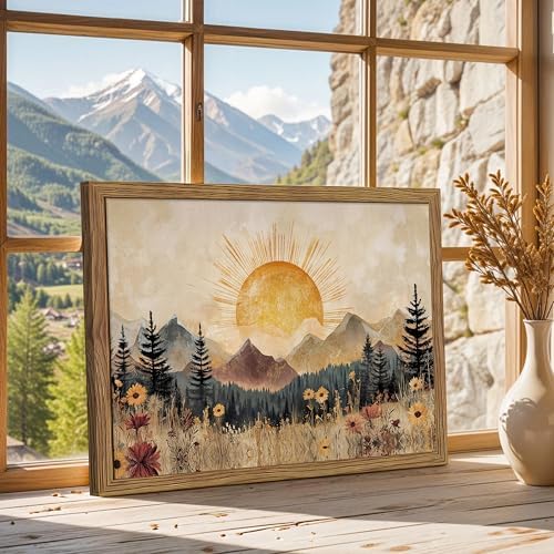 Framed Vintage Sunrise Mountain Landscape Wall Art, Retro Wildflower Nature - Image 2