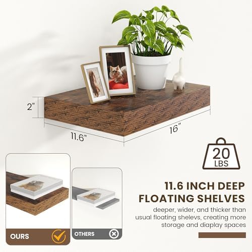 FLYJOE 12 Inch Deep Floating Shelves, 16 Inch Brown Wall Shelves Set of 2 - Image 3