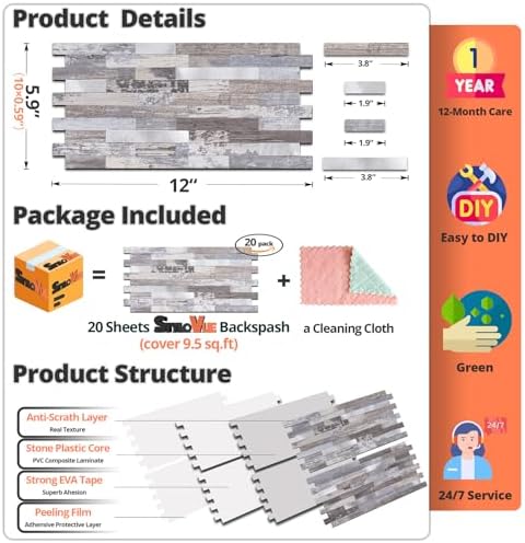 StyloVue 20 Sheets Peel and Stick Backsplash, Distressed Wood - Image 5