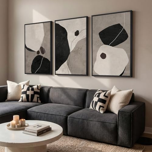 Large Framed Black and White Abstract Wall Art, 3 Piece Set, Each 24x36 In - Image 2