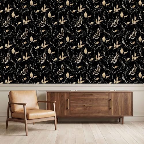 Dark Black and Gold Leaf Peel and Stick Wallpaper 17.7" x 124" - Image 6