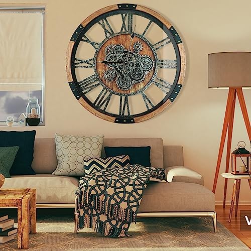 36'' Large Wall Clock Real Moving Gears Oversized Industrial Solid Wood Rusic - Image 2