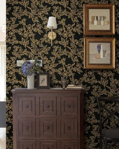 Ismoon Dark Floral Peel Stick Wallpaper Black Gold Wallpaper 17.3x196in - Image 3