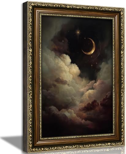Vintage Gold Framed Crescent Moon Cloud Wall Art, Dark Academia Celestial by VintageGoldFramedwallart