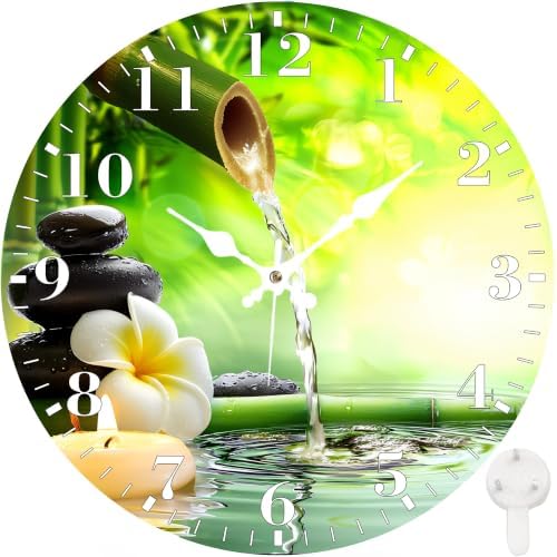 12" Silent Wall Clock, Round Wall Clock, Zen Stones and Flowers by Unknown