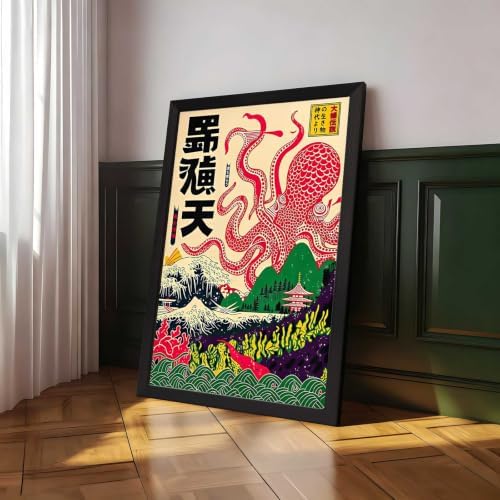 Black Framed Giant Octopus Japanese Myth Canvas Wall Art 24x36in - Image 7