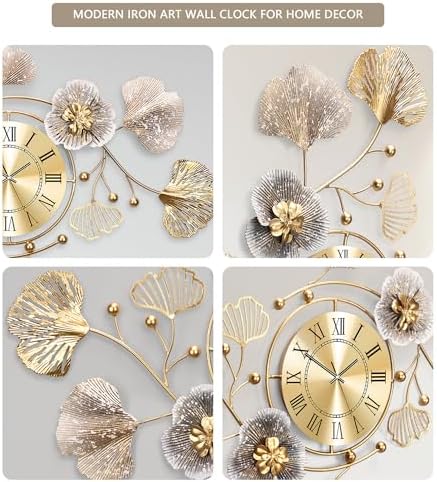 33" Modern Farmhouse Large Decorative Wall Clock, Ginkgo Metal Art - Image 6