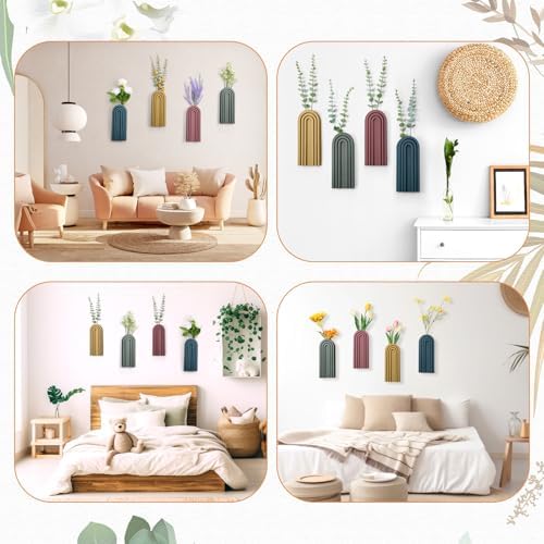 Ziliny 4 Pack Boho Wall Planters Wood Hanging Vases Indoor, Morandi Color - Image 5