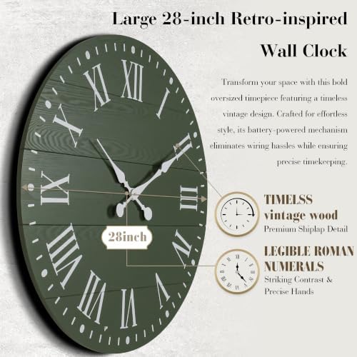Large Wall Clock with Roman Numeral, 28” Shiplap Farmhouse Clock - Image 2