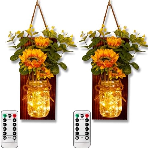 OurWarm Sunflowers Rustic Wall Sconces, Remote-Control Mason Jar Sconces by OurWarm