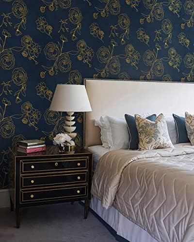 Safiyya 118"x17.3" Peel and Stick Wallpaper Gold and Blue Contact Paper Floral - Image 6