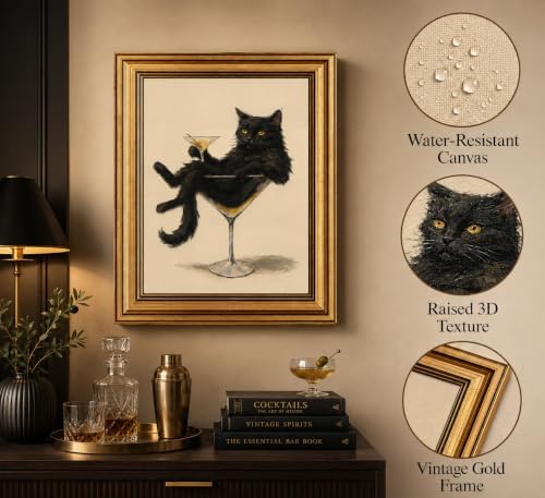 Gold Framed 3D Textured Wall Art, Vintage Black Cat Martini Canvas Prints - Image 2
