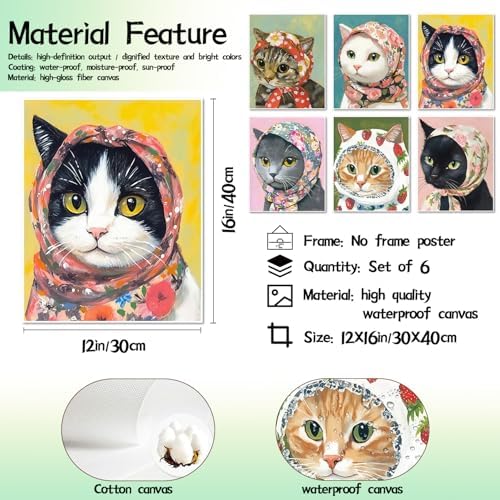 Funny Cat Poster Set of 6, Whimsical Babushka Cats Wall Art Eclectic Lover Cat - Image 3