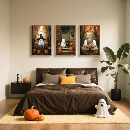FWIEXA Halloween Cute Ghost Pumpkins Canvas Wall Art Set of 3, Vintage Witchy - Image 3