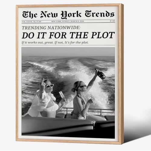 Trendy Newspaper Canvas Wall Art 16x20in Wood Grain Frame Black And White by Unknown