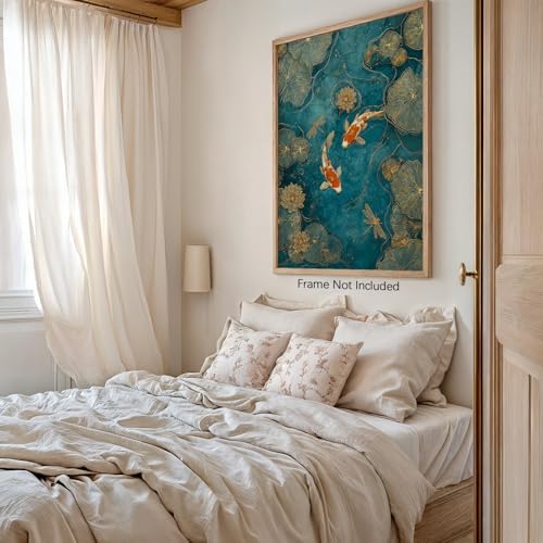 Vintage Japanese Canvas Wall Art Oriental Asian Koi Fish Psoters Emerald Green - Image 4