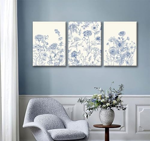 Blue Botanical Canvas Wall Art, 3 Piece Gallery Wrapped Set, 16x24 Inch - Image 3