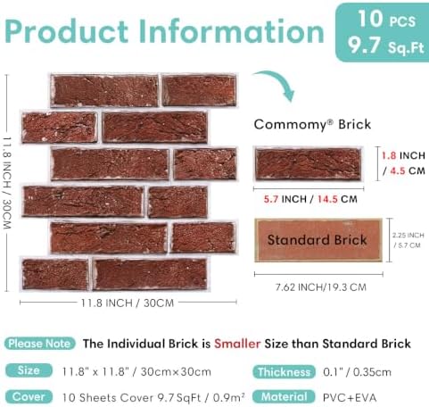 Commomy Faux Brick Panels Peel and Stick Wall Stickers 10 Pcs 11.8" x 11.8" - Image 4