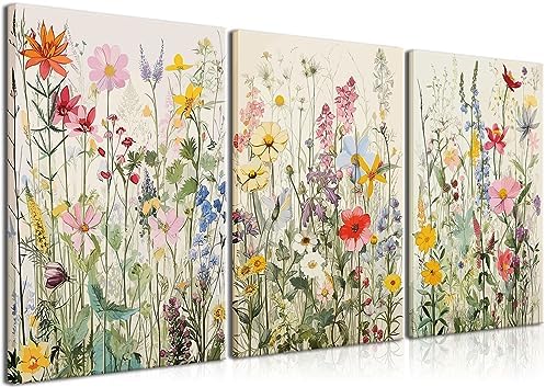KISSFOX 3 Piece Watercolor Flower Framed Wall Art Decor Colorful Botanical by KISSFOX