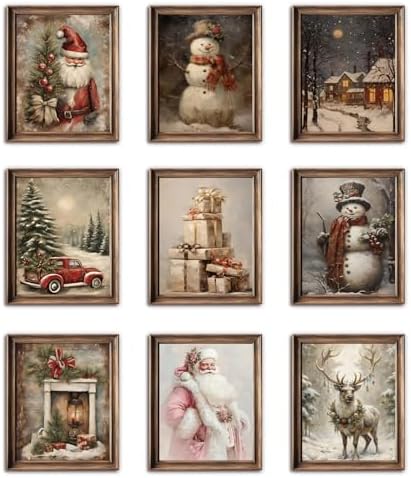 Vintage Christmas Canvas Wall Art Set of 9, Santa Claus Xmas Tree Snow Scene by Unknown