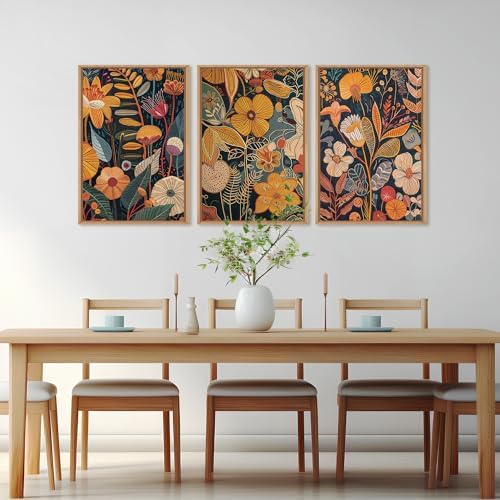 FWIEXA Burnt Orange Floral Framed Wall Art Set of 3, Large Mid Century Modern - Image 5