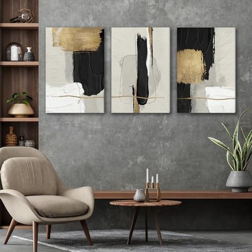 DUWQU Abstract Brushstrokes Canvas Wall Art Black White Gold 20x30 inch x3 - Image 3