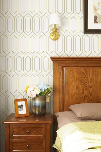 Safiyya 393"x17.3"Peel and Stick Wallpaper Geometric White and Gold Contact - Image 3