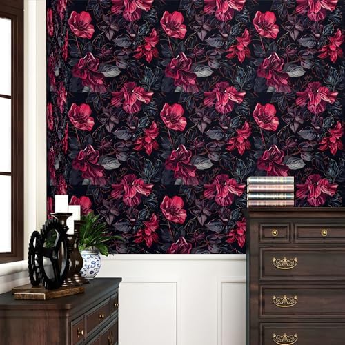REDAMANCY Dark Black Red Pink Floral Grey Modern Flowers Leaf Peel and Stick - Image 2