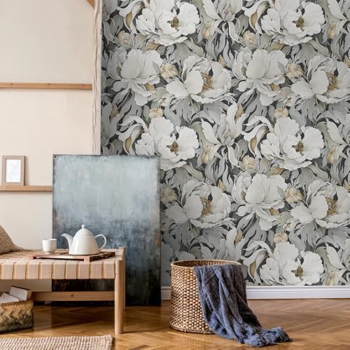 Modern Dark Grey White Poppy Floral Peony Flowers Peel and Stick Wallpaper Wall - Image 2
