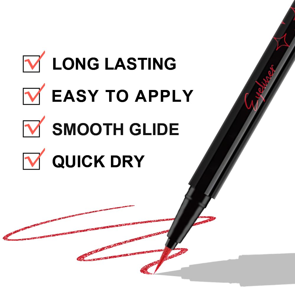 evpct 1Pcs Red Glitter Shimmer Liquid Eyeliner Eye Makeup Pencil Pen, Pearl Red Chrome Eyes Liner Face Glitter Makeup Fake Eyelashes Mascara Accessories, Sparkle Metallic Eyeliner Pen Waterproof