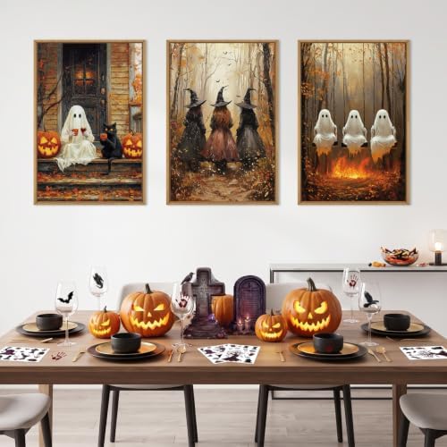 HLNIUC Framed Halloween Canvas Wall Art, Dark Witch Crow Raven Prints, Horror - Image 3