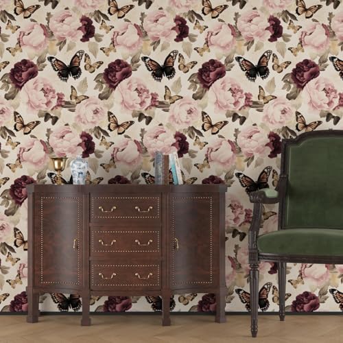 Laatse Beige Pink Butterfly Floral Peel and Stick Wallpaper 17.5"x393" - Image 5