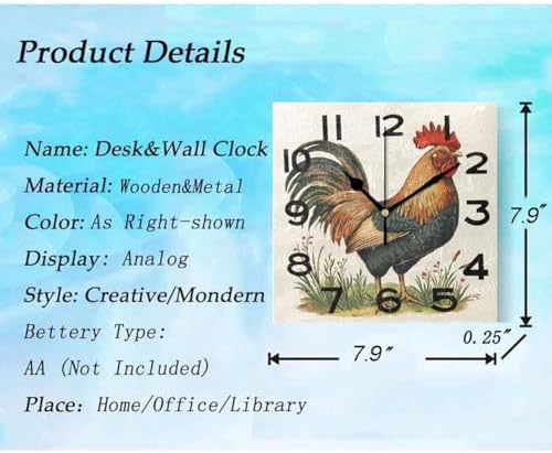 Vintage Big Rooster Western Square Wall Clock, 8 Inch Standard Non Ticking - Image 3
