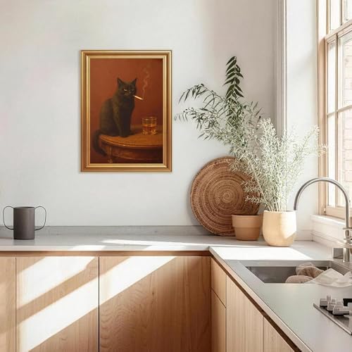 ICHZUMW Gold Framed Funny Black Cat Whiskey Vintage Canvas Wall Art 12x16In - Image 2