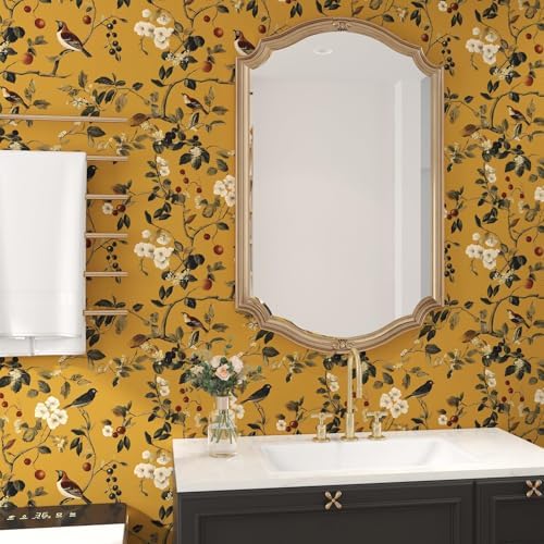 Laatse Vintage Yellow Floral Bird Wallpaper Peel and Stick 17.5"x118" - Image 7