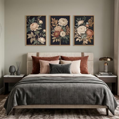 HOURIA Large Moody Dark Flower Framed Canvas Wall Art Set- 24"x36"x3 - Image 4