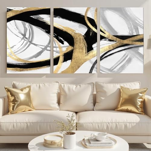 DUWQU Triptych Black Gold White abstract Lines Canvas Wall Art 24x36 in x3 - Image 3