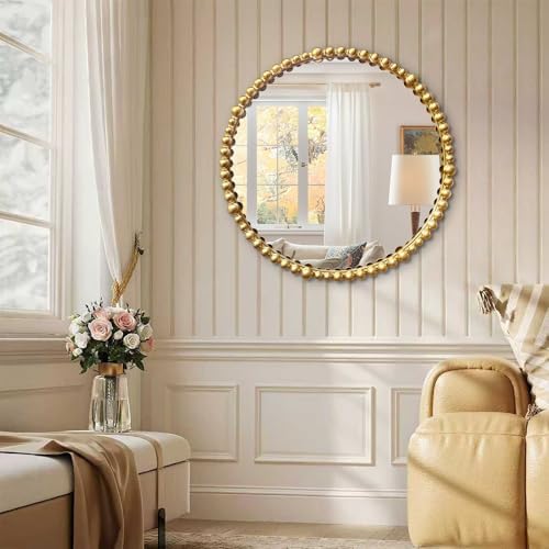 Gold Round Mirror with Beaded Frame ，Circle Antique Bathroom Vanity Mirror - Image 2