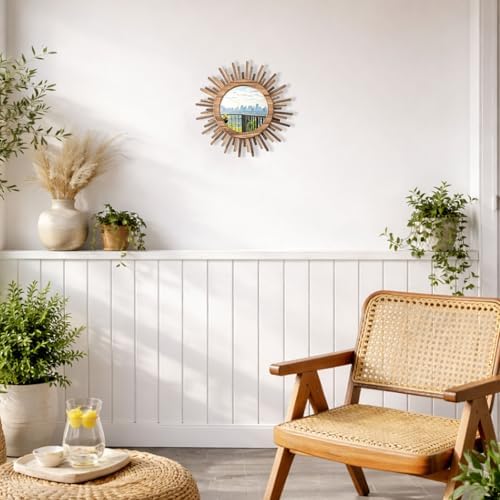 12 Inch Boho Sunburst Mirror, Round Wooden Wall Decor Starburst Sun Mirror - Image 2