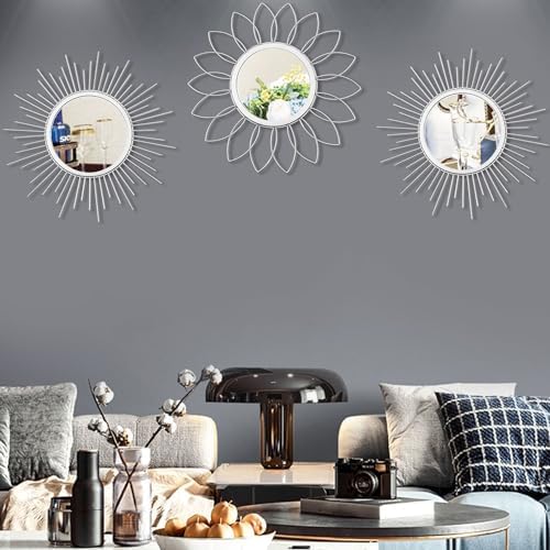 3 Pack Metal Mirrors for Wall Sunburst Wall Mirror Silver Wall Art Décor - Image 2