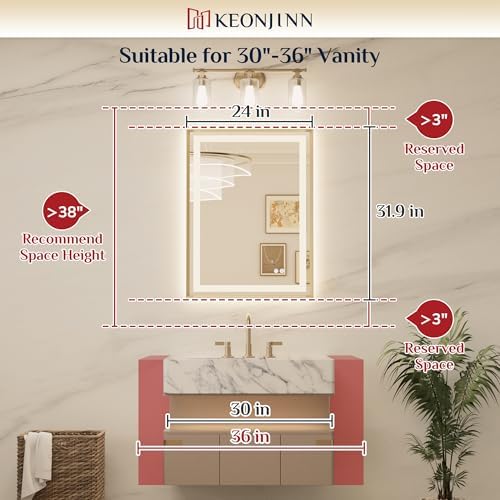 Keonjinn 24x32 Inch Brushed Nickel LED Bathroom Mirror - Image 2