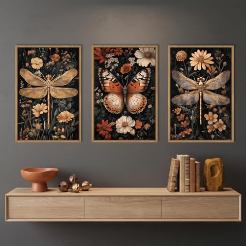 Aryroi Vintage Butterfly Dragonfly Framed Canvas Wall Art Set, Moody Dark - Image 3