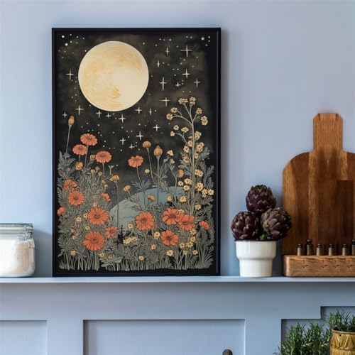 Vintage Moon Flowers Canvas Wall Art, Retro Mystical Celestial Moon Poster - Image 7