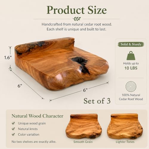 Small Floating Shelf for Wall Set of 3 Natural Cedar Wood 6 Inch Mini Wall - Image 2
