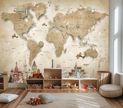 Vintage World Map Landmarks Hot Air Balloon Kids Wallpaper - Image 4