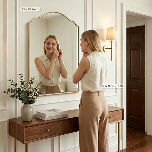 Besdomus Bathroom Mirrors for Over Sink: 24"x36" Gold Wooden Arched Mirror - Image 3