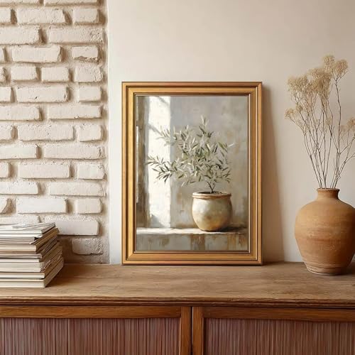 Vintage Gold Framed Olive Tree Canvas Wall Art, Neutral Botanical Pictures Wall - Image 2