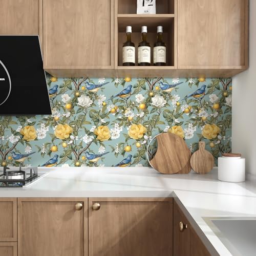 Danodoi Green Vintage Lemon Bird Peel and Stick Wallpaper 17.5" x 118" - Image 3