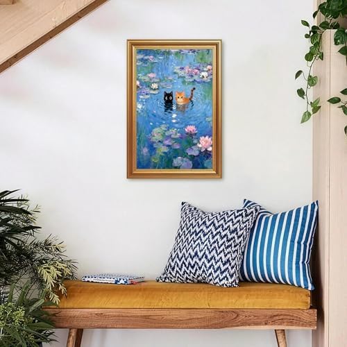 ICHZUMW Gold Framed Funny Cats Monet Water Lilies Canvas Wall Art, 16x24 In - Image 5
